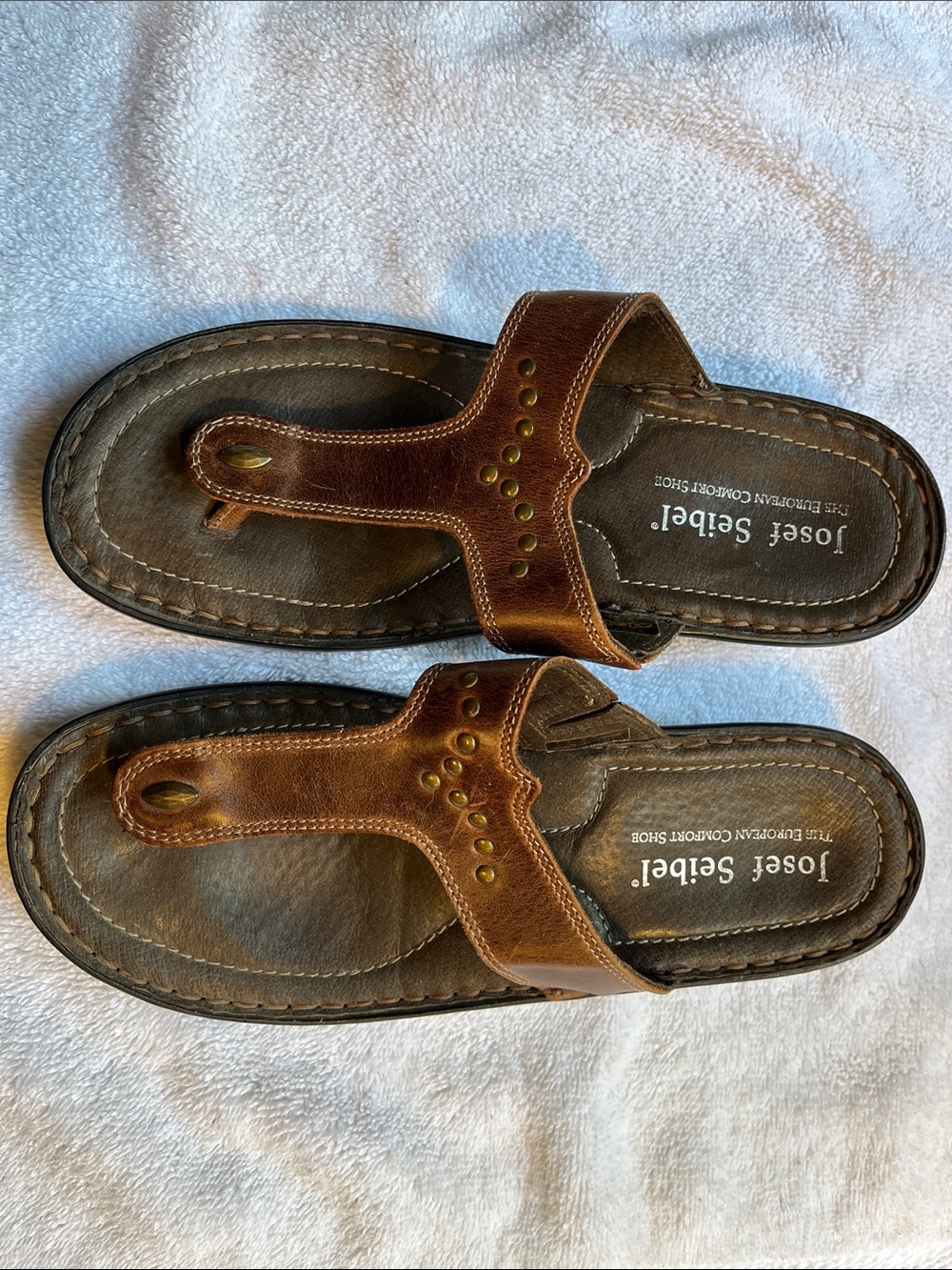 Josef Seibel Brown Leather Studded Thong Sandals